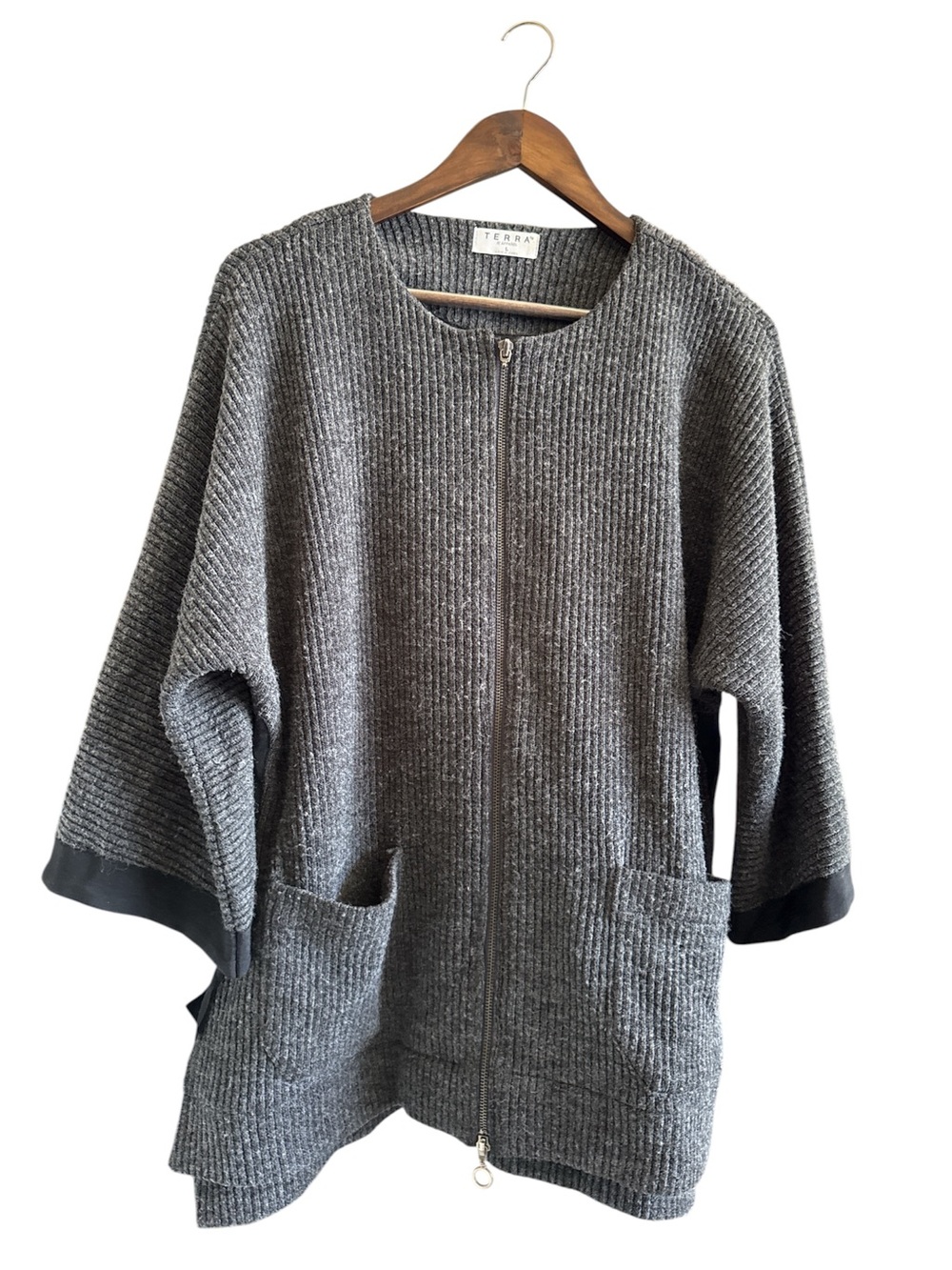 Terra Charcoal Ribbed Zip-Front Cardigan with Pockets